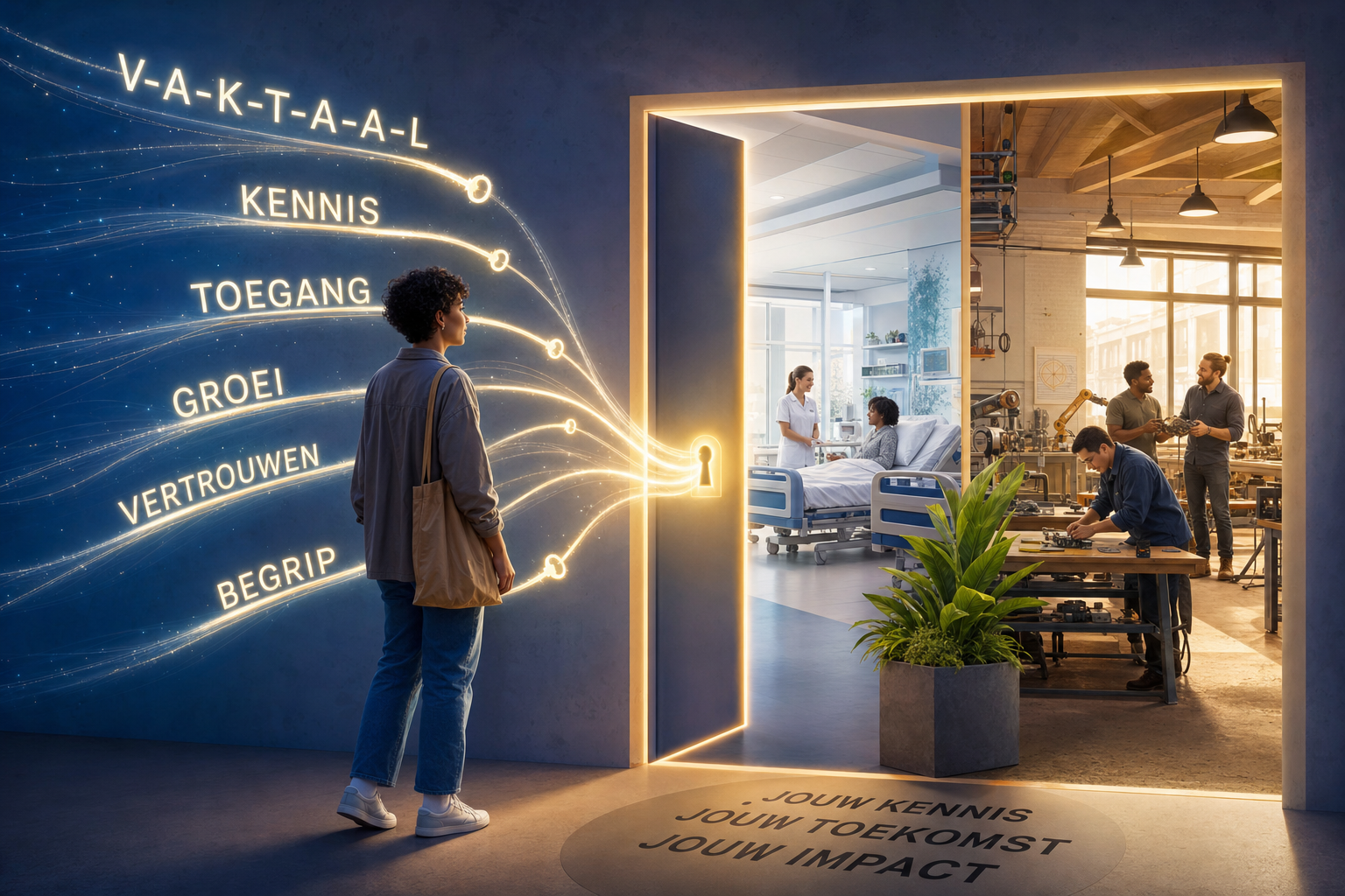 Open deur als symbool voor vaktaal die toegang geeft tot werk en inburgering