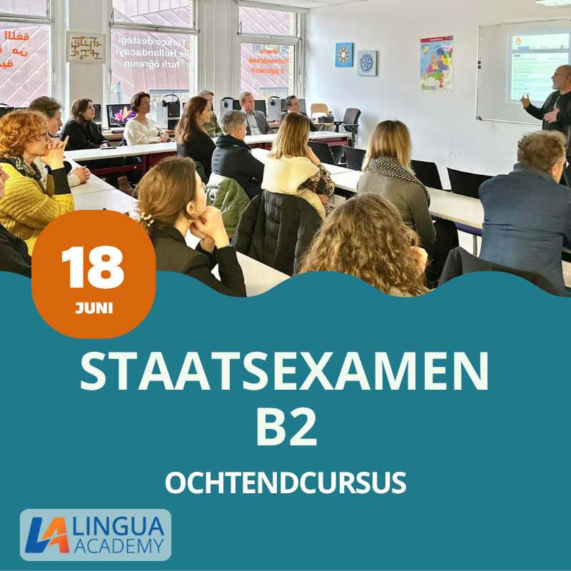 Deelnemers volgen een B2-ochtendcursus Staatsexamen NT2 Programma II bij Lingua Academy in Rotterdam in een hybride lesomgeving.